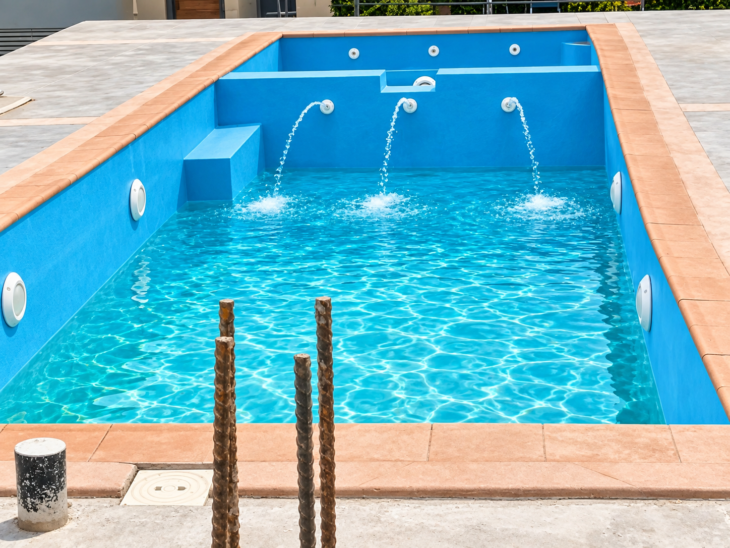 Blue tiled swimming pool with water fountain jets and metal ladder entry